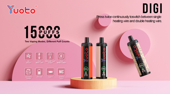 Перезаряжаемые Yuoto DIGI 15000 Puffs Double Mesh Coil Vape 22 Flavors Уровень топлива батареи Ul