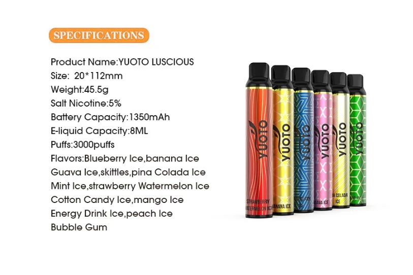  24 стручка Vape батареи лития сока 1350mAh никотина 8ml Vape слойки 5% Yuoto вкусов Luscious 3000 устранимых